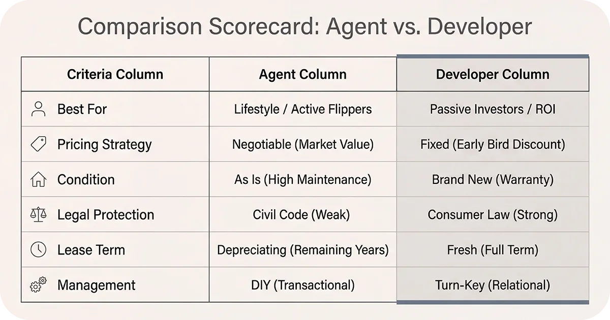 Comparison scorecard of agent vs developer pricing, condition, legal protections