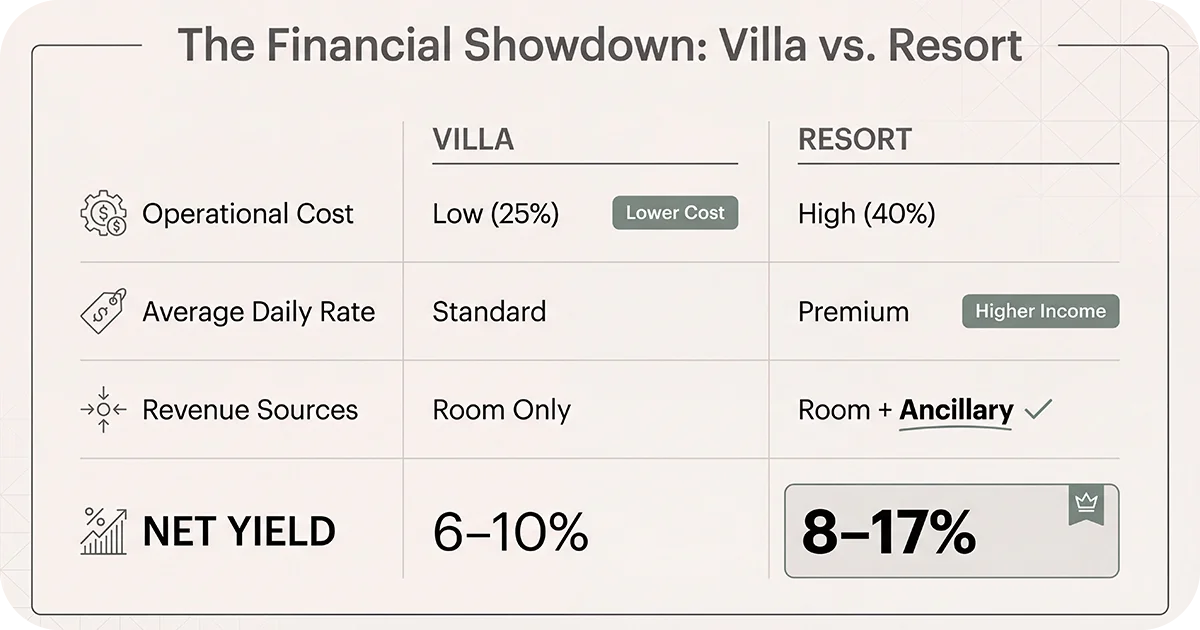 Comparison table villas lower costs, resorts higher yields and ancillary revenue
