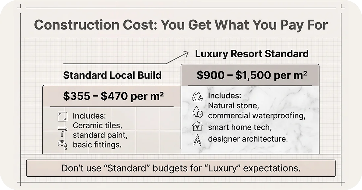 Construction cost ranges standard build versus luxury resort standard
