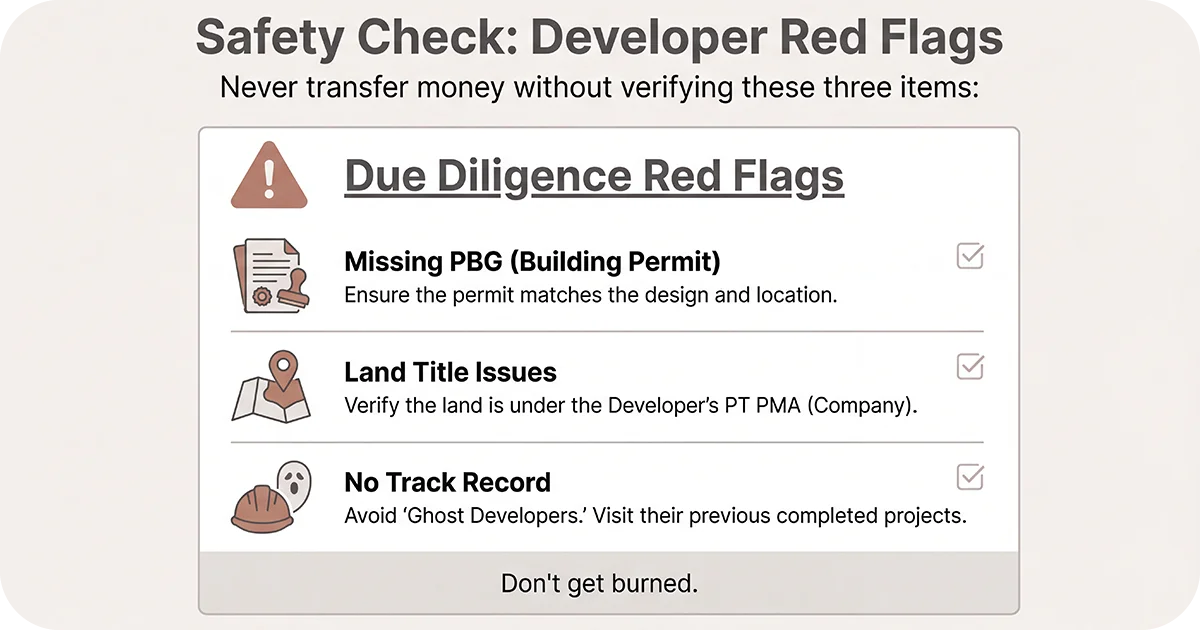 Developer red flags checklist missing permit, land title issues, no track record