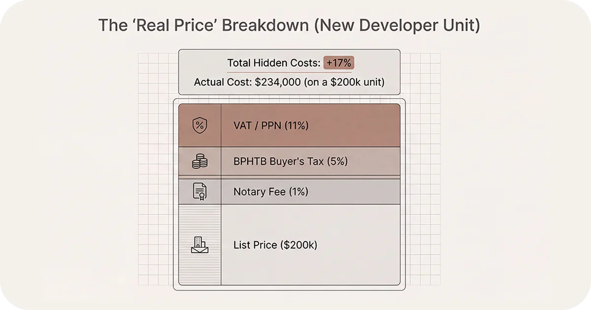 Developer unit real price breakdown with VAT, taxes, and fees