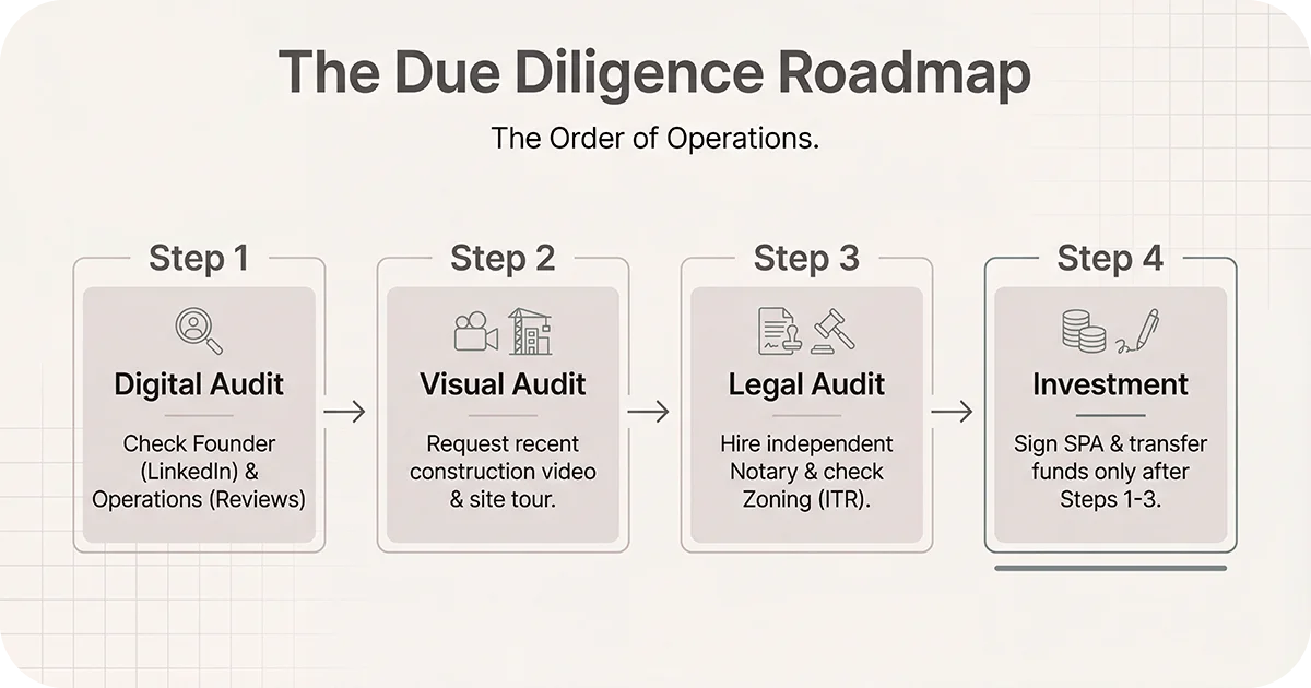 Due diligence roadmap Digital, Visual, Legal audits, then Investment step