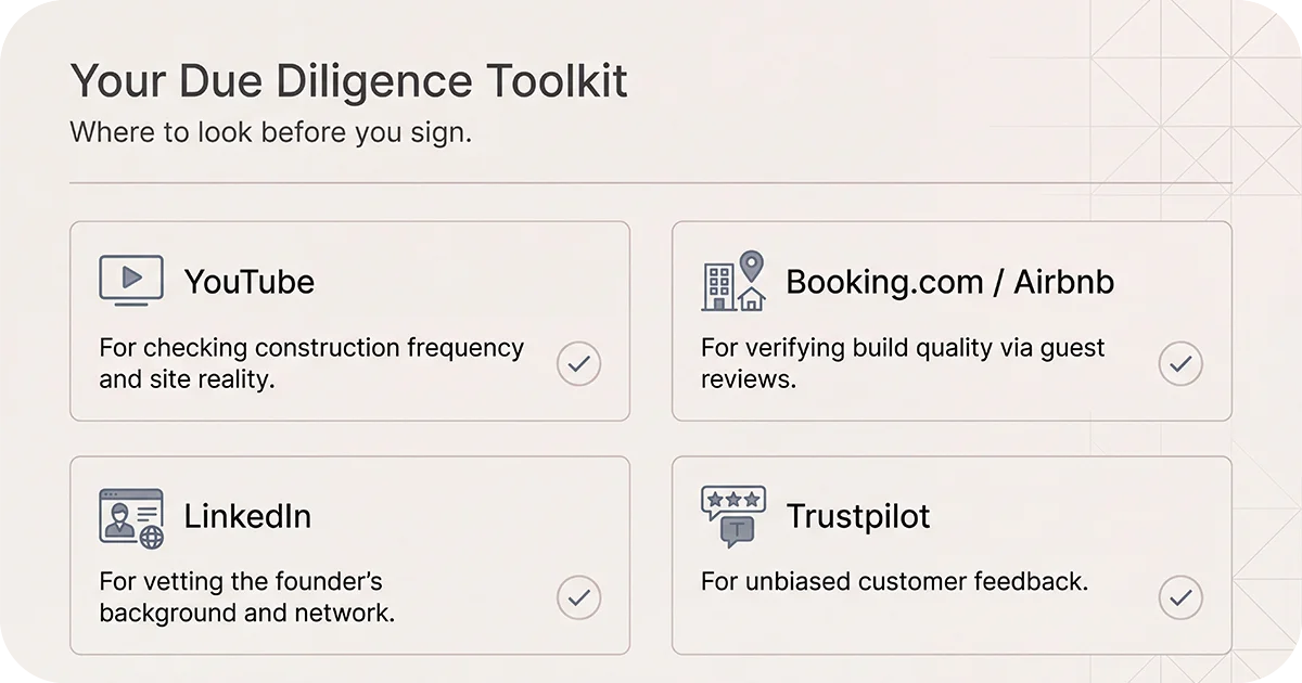 Due diligence toolkit with icons YouTube, Booking.comAirbnb, LinkedIn, Trustpilot