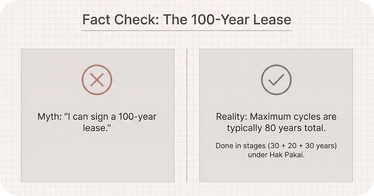 Fact check showing 100-year lease myth versus 80-year staged reality