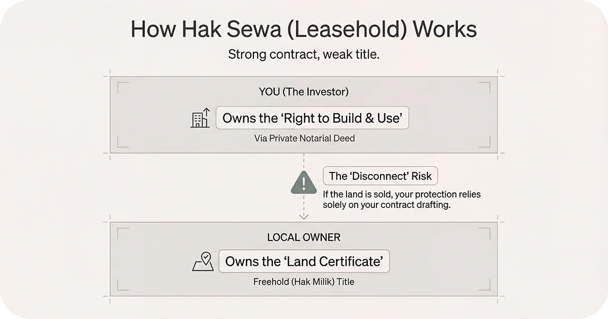 Flowchart explaining Hak Sewa leasehold investor rights, landowner title, disconnect risk