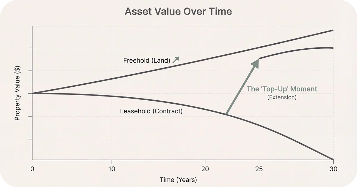 Graph showing freehold rising, leasehold declining, with extension top-up around year 25