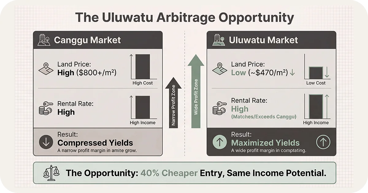 Infographic comparing Canggu and Uluwatu yields and land costs