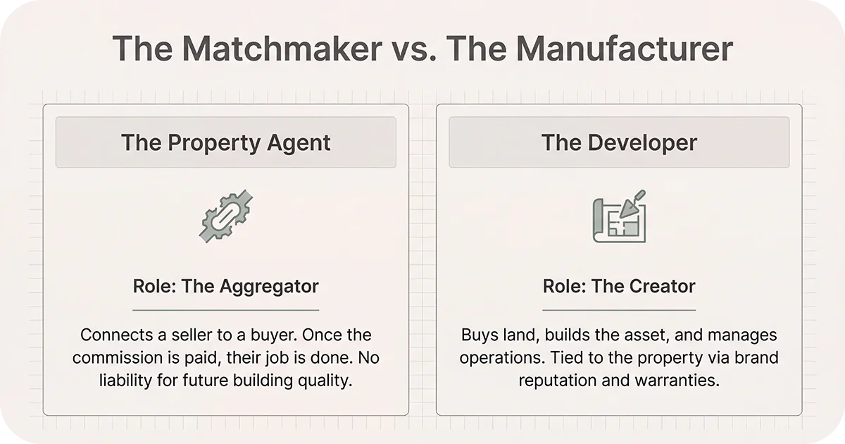 Infographic contrasting property agent aggregator versus developer creator roles