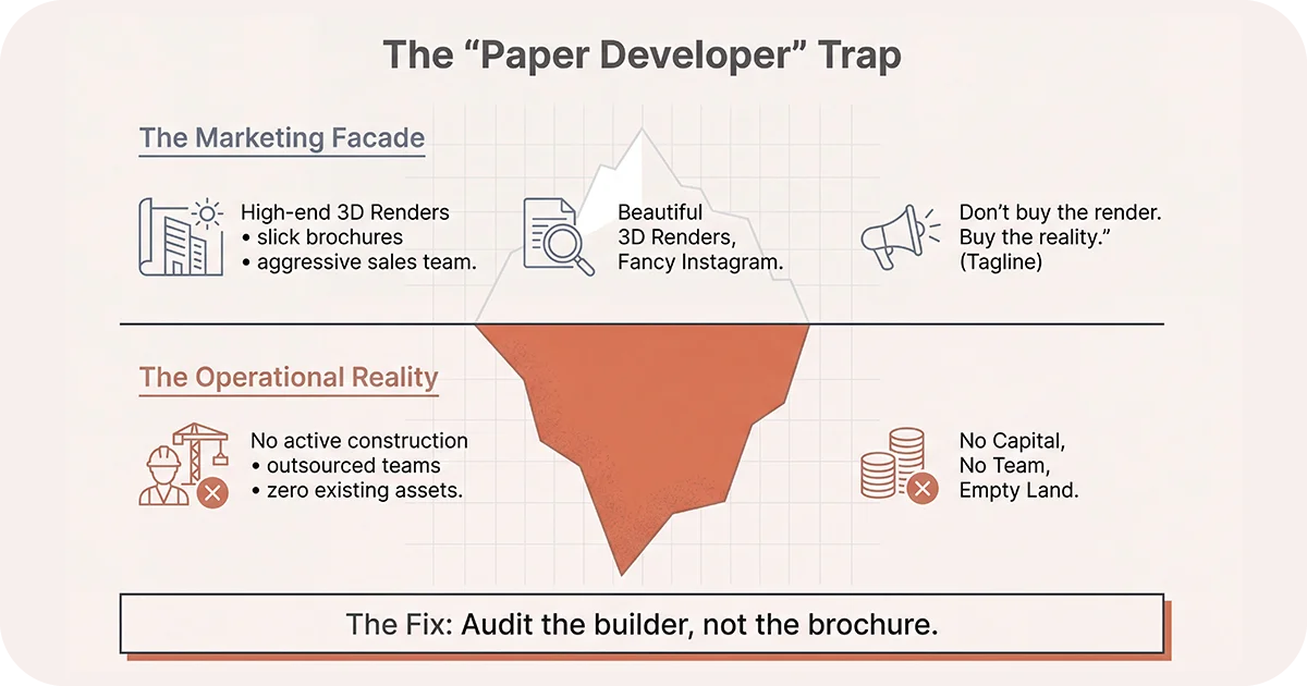 Infographic illustrating marketing facade vs operational reality with iceberg graphic