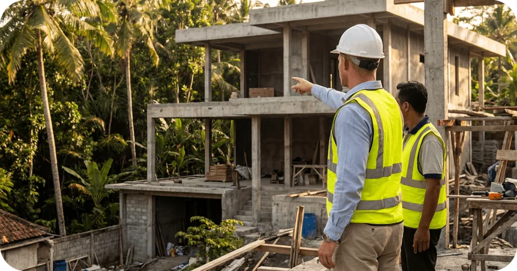 Property Developer Bali: Inspectors in safety vests survey unfinished concrete villa amid tropical trees