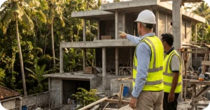 Property Developer Bali: Inspectors in safety vests survey unfinished concrete villa amid tropical trees