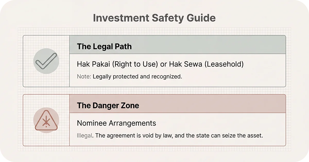 Investment safety guide contrasting legal titles with illegal nominee arrangements