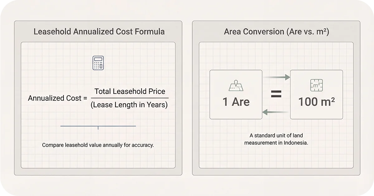 Leasehold cost formula and area conversion showing 1 Are equals 100 m²