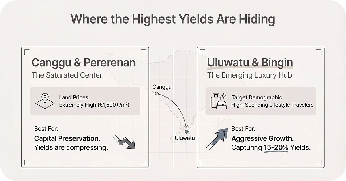 Map highlighting Bali yield hotspots Canggu, Uluwatu, Bingin