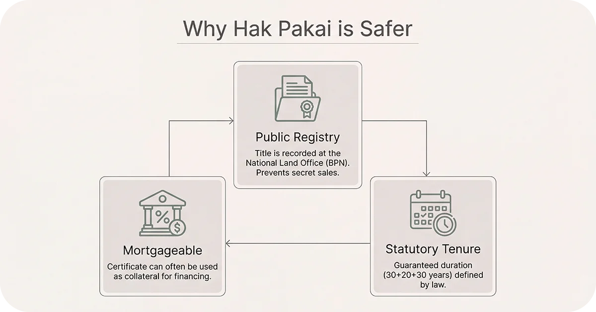 Reasons Hak Pakai is safer public registry, mortgageable, statutory tenure
