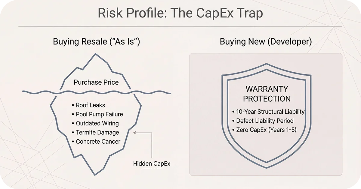 Risk profile graphic contrasting resale hidden CapEx and developer warranties