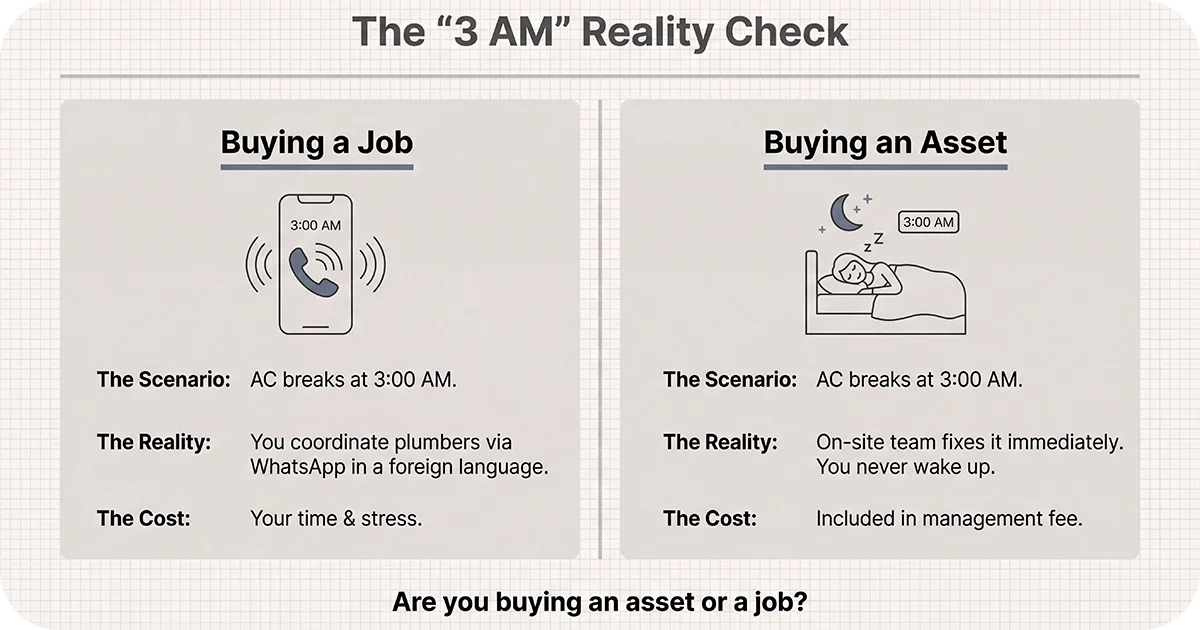 Side-by-side graphic comparing buying a job versus buying an asset