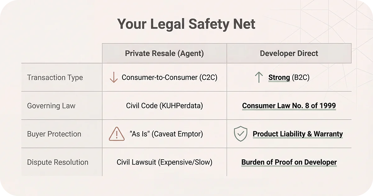 Table comparing legal protections for private resale versus developer direct