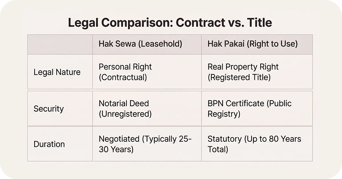 Table contrasting Hak Sewa and Hak Pakai on legal nature, security, duration