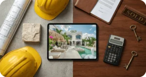 Property Agent Bali: Tablet showing poolside resort amid hard hats, plans, calculator, keys