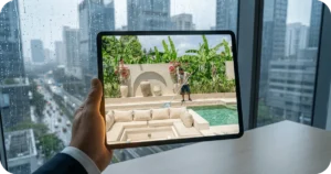 Bali Property Management: Tablet showing sunny villa pool scene against rainy city window