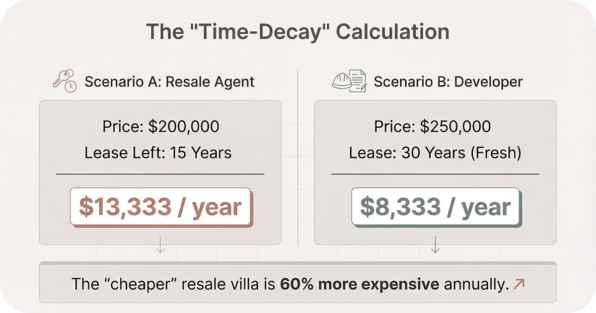 Time-decay infographic comparing resale agent and developer annual costs