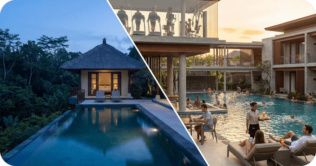 Rental Yield of Property in BaliTropical resort pools_ private villa and busy courtyard with gym