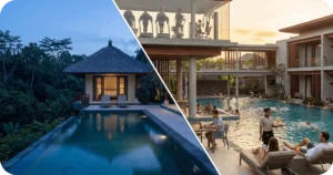 Rental Yield of Property in BaliTropical resort pools_ private villa and busy courtyard with gym