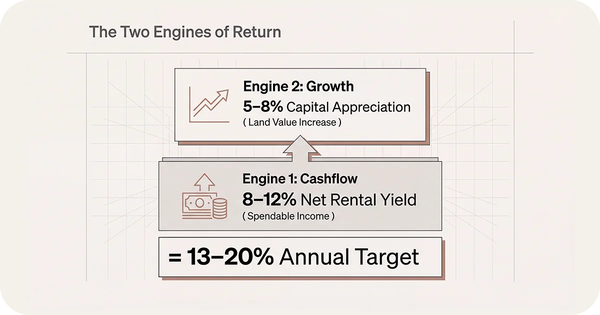Two engines 8–12_ cashflow plus 5–8_ growth equals 13–20_