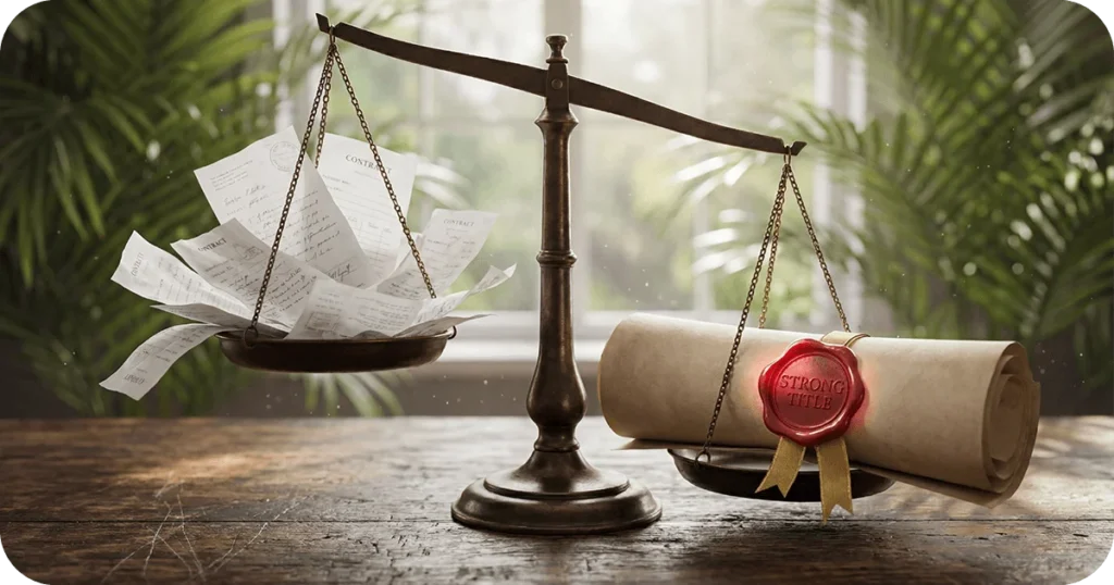 Bali Property for Lease: Vintage balance scale weighing scattered papers against sealed parchment scroll