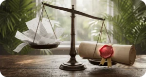 Bali Property for Lease: Vintage balance scale weighing scattered papers against sealed parchment scroll