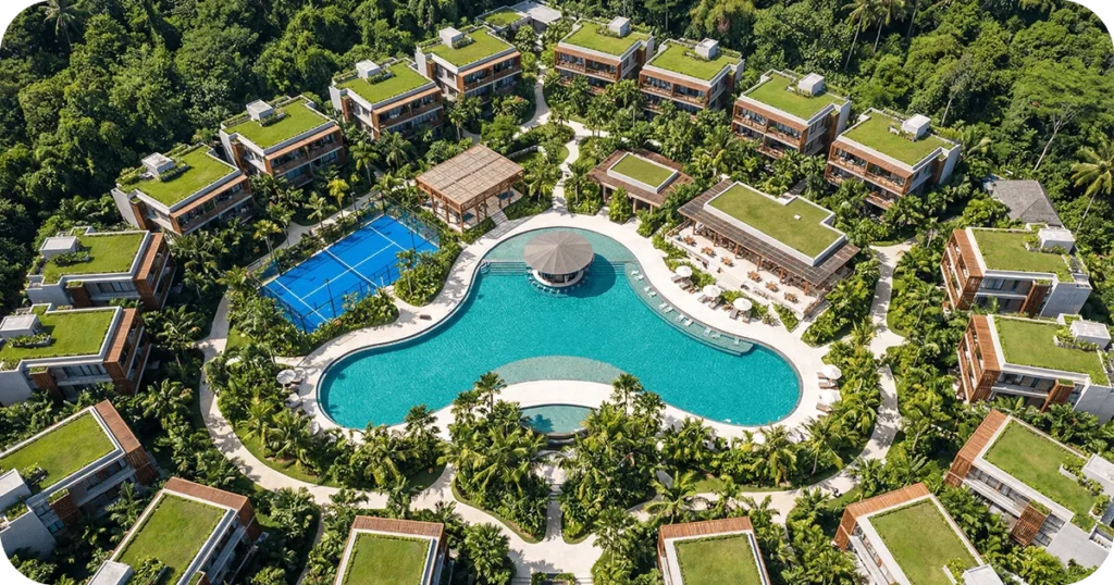 Buy investment property in bali apartments: Aerial view of jungle resort with lagoon pool and tennis courts
