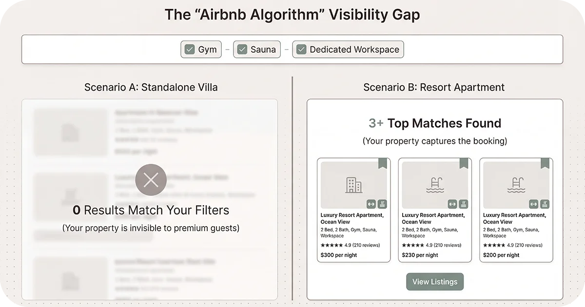 Airbnb visibility gap graphic showing villa filters versus resort apartment matches