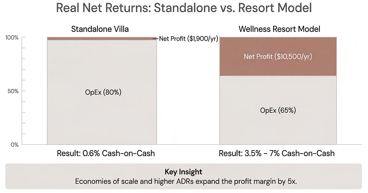 Bar chart comparing standalone villa versus wellness resort net returns