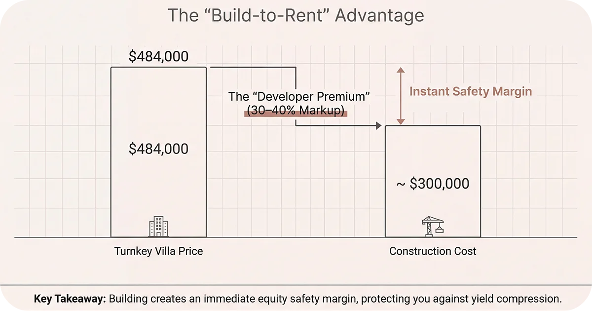 Build-to-rent chart contrasting turnkey villa price with construction cost