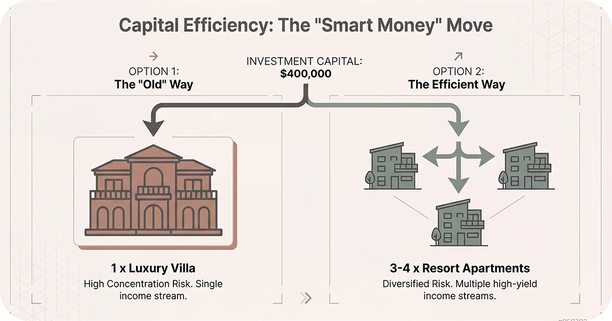 “Capital Efficiency” graphic contrasting one luxury villa with resort apartments