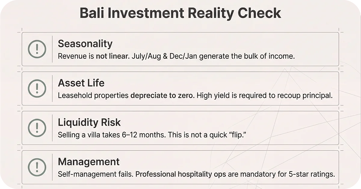 Checklist slide outlining Bali investment risks like seasonality and liquidity
