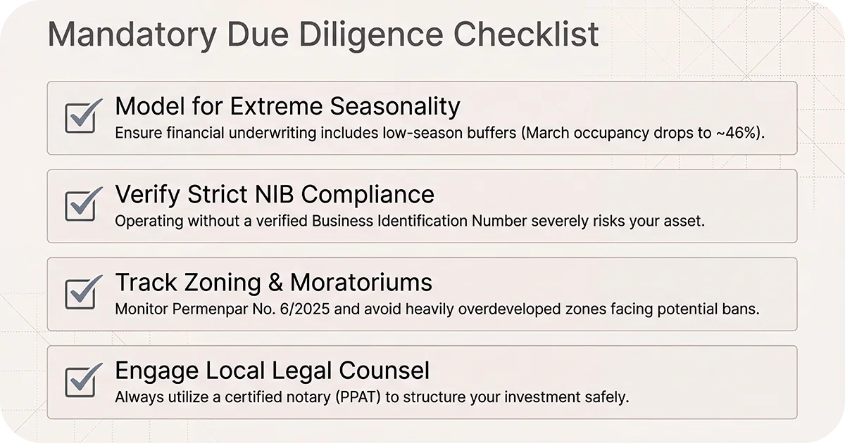 Due diligence checklist slide with four compliance and legal items