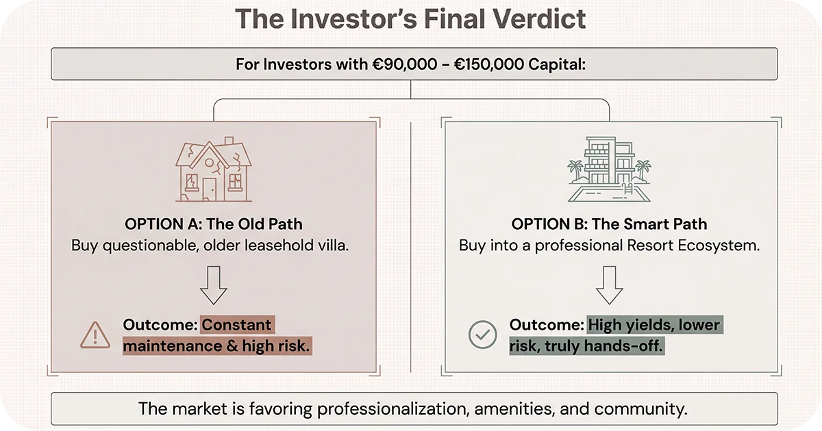 Investor’s final verdict graphic favoring managed resort ecosystem over older villa