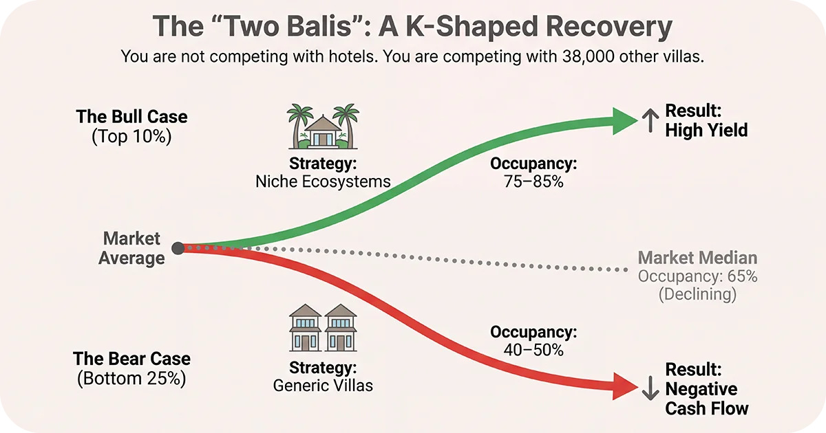 K-shaped recovery diagram comparing high-yield niche resorts and generic villas