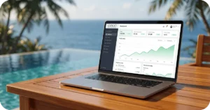 Property Investment Tips for Bali: Laptop on a wooden table overlooking an infinity pool and ocean