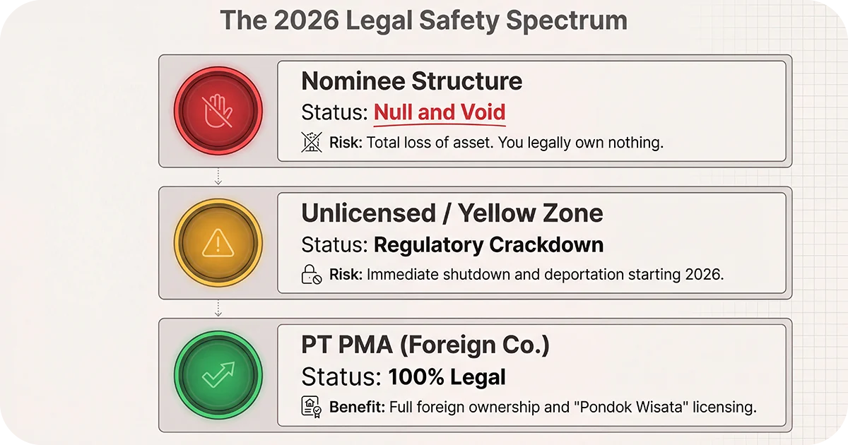 Legal safety spectrum graphic comparing nominee, unlicensed, and PT PMA structures