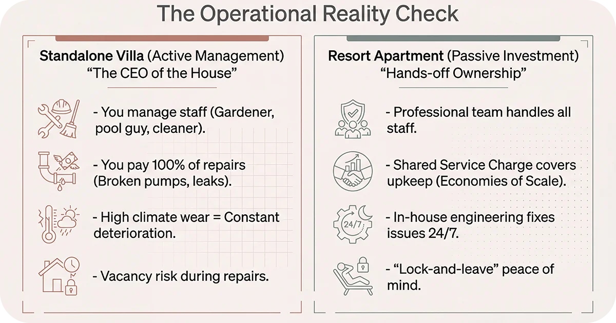 Operational reality check infographic on villa management versus passive resort ownership