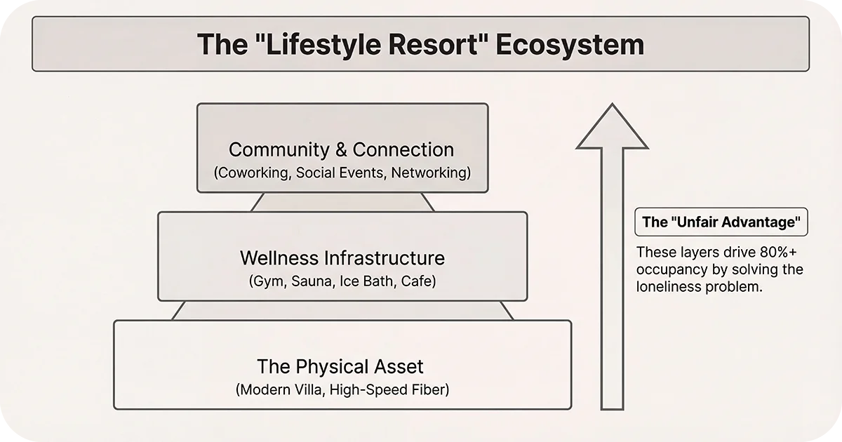 Pyramid diagram of lifestyle resort ecosystem layers and “unfair advantage”