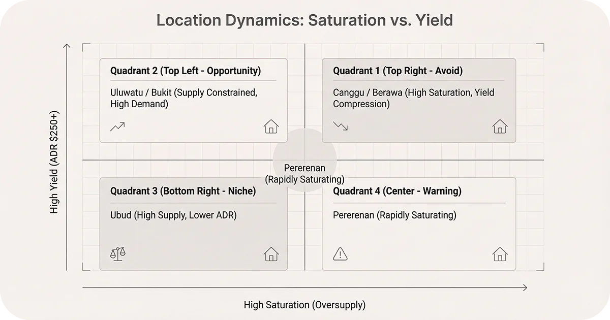 Quadrant chart mapping Bali locations by saturation versus yield