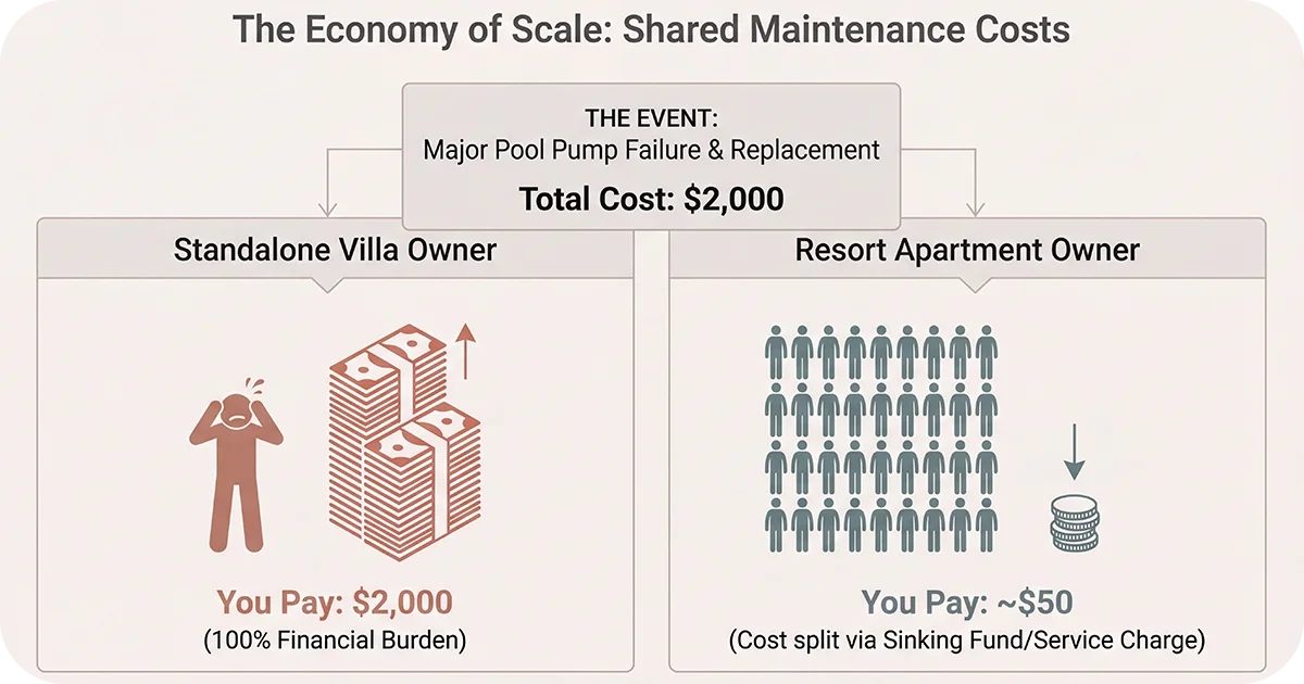 Shared maintenance costs infographic comparing villa owner $2,000 vs resort owner $50