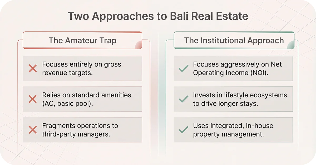 Slide comparing amateur vs institutional approaches to Bali real estate