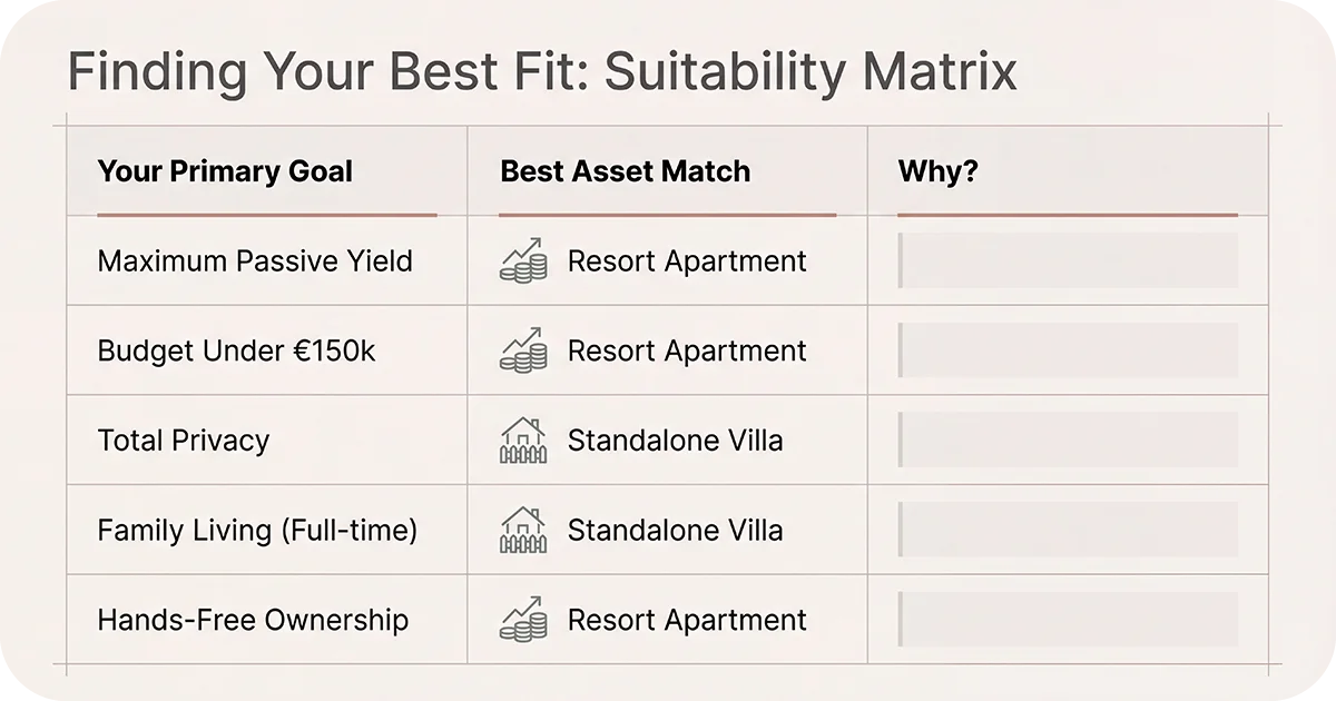 Suitability matrix for choosing between resort apartment and standalone villa