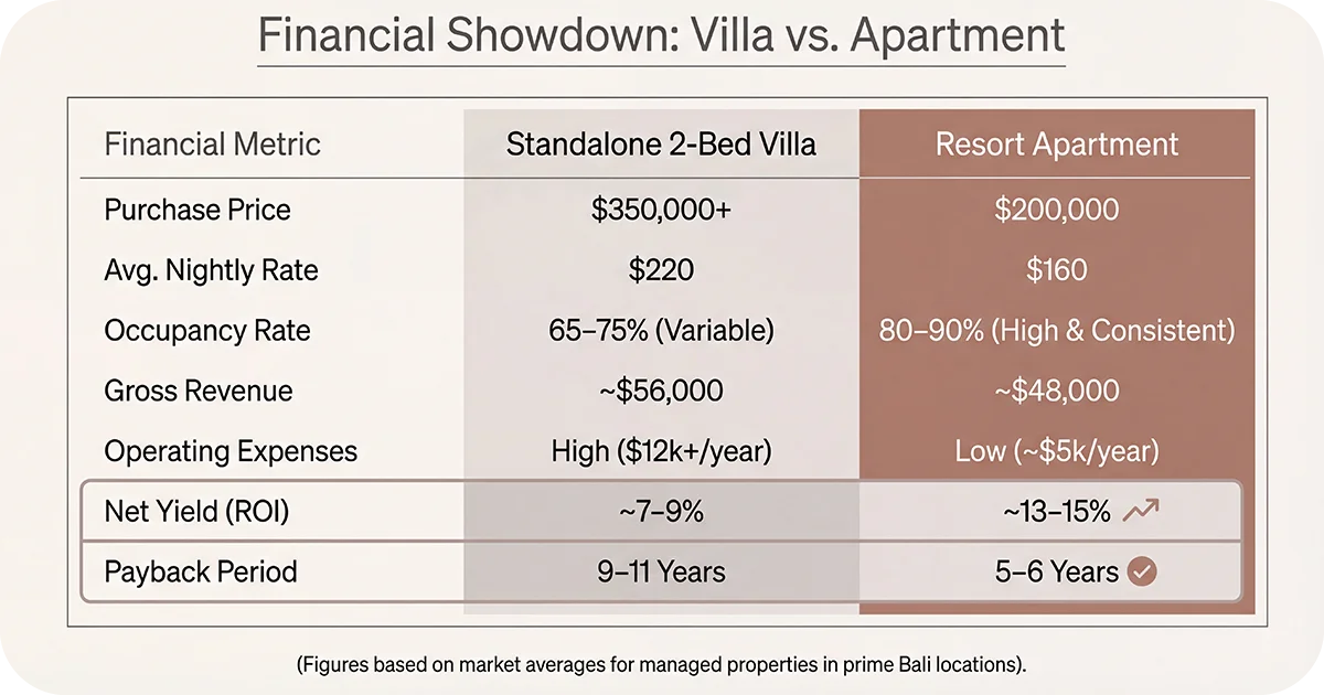Table comparing financial metrics for standalone villa versus resort apartment